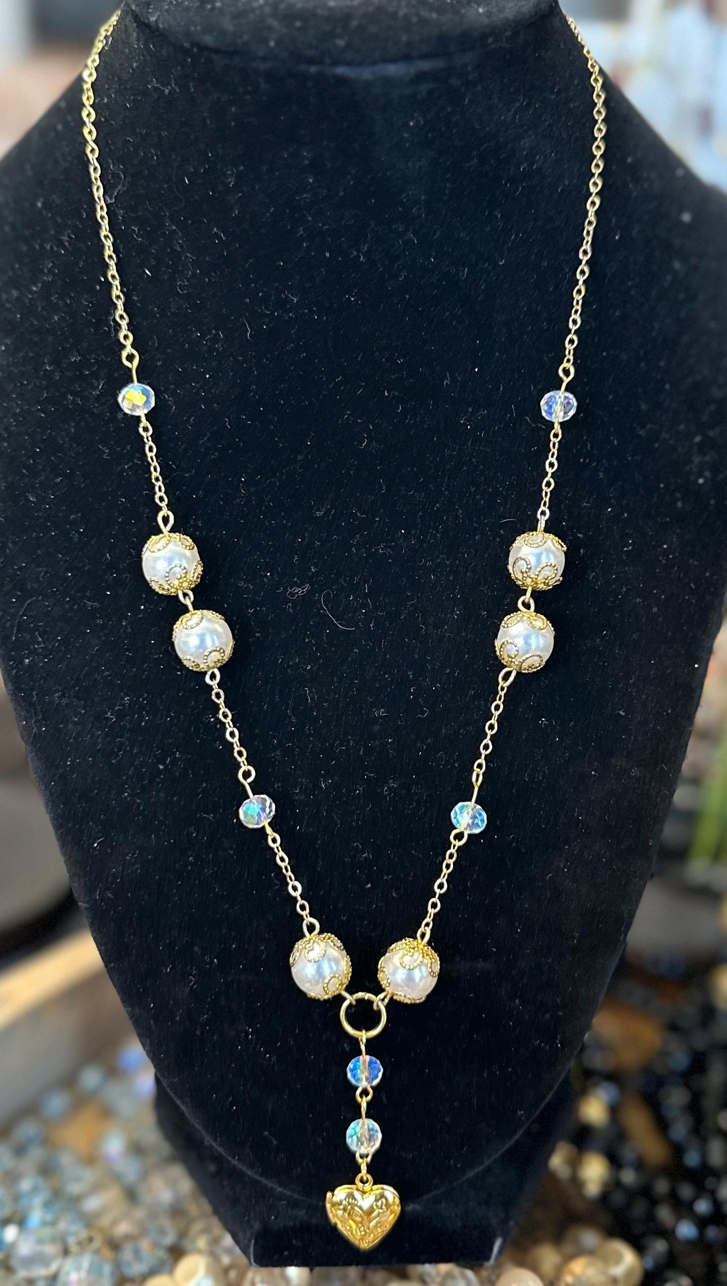 Forever in Paris | Vintage Glass Pearl & Aurora Swarovski Crystal Heart Locket Necklace