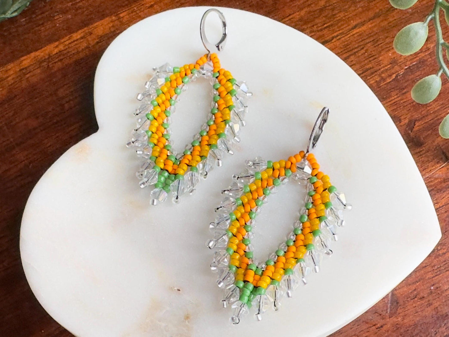 Senegal Parrot Czech Glass, Vintage Aurora Swarovski Crystal, & Herkimer Diamond Hand Beaded Earrings