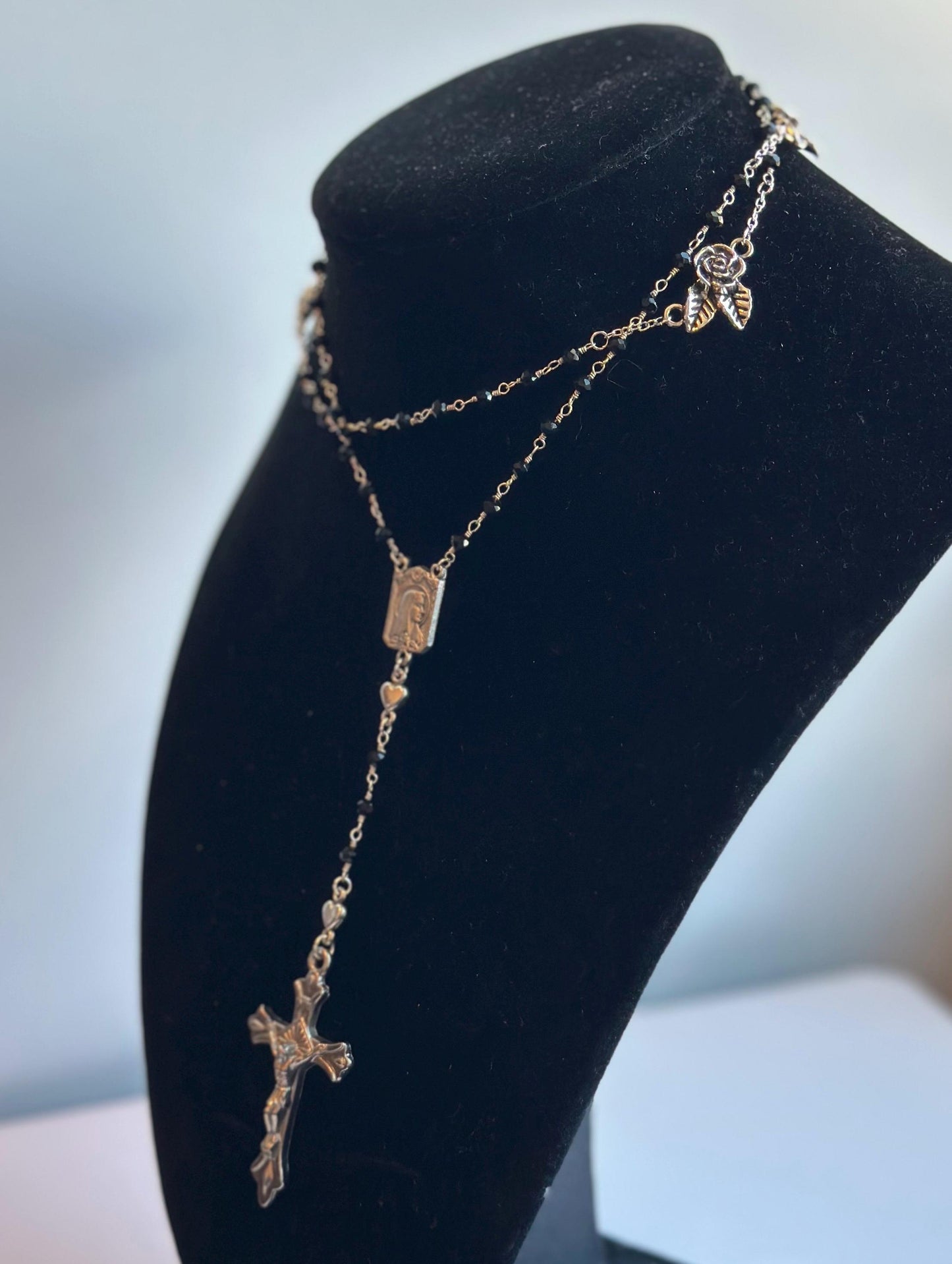 Belladonna | Gothic Rosary, Black Glass, Silver Roses and Heart, Vintage Crucifix, & Vintage Mary