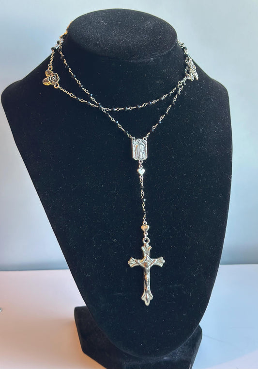 Belladonna | Gothic Rosary, Black Glass, Silver Roses and Heart, Vintage Crucifix, & Vintage Mary