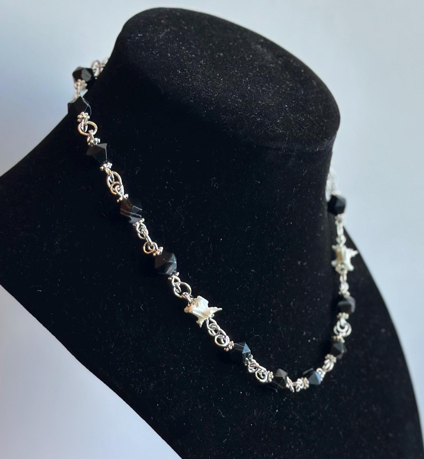 Banded Agate & Snake Vertebrae Necklace – Silver Chain Gothic Jewelry, Bone and Gemstone Statement Necklace
