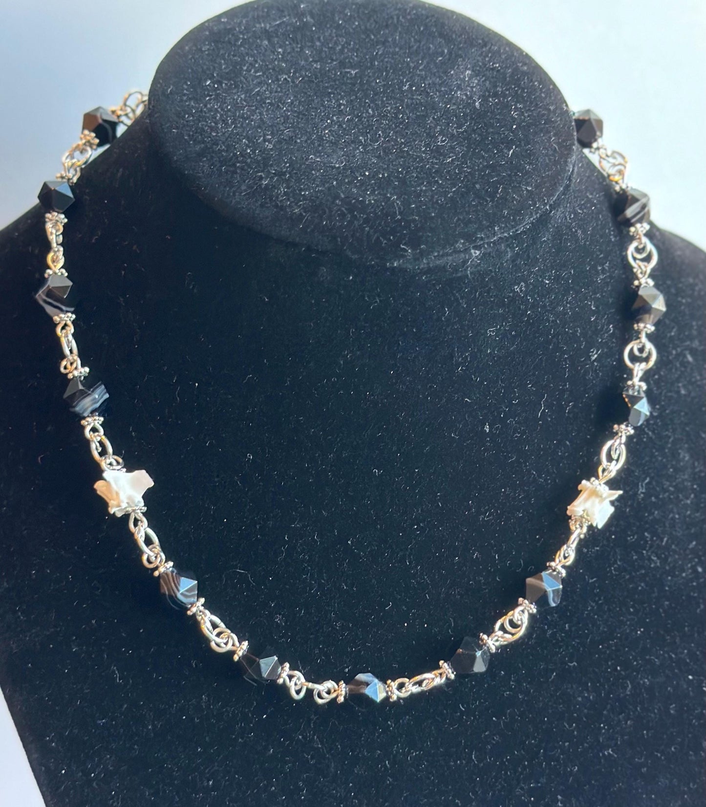 Banded Agate & Snake Vertebrae Necklace – Silver Chain Gothic Jewelry, Bone and Gemstone Statement Necklace