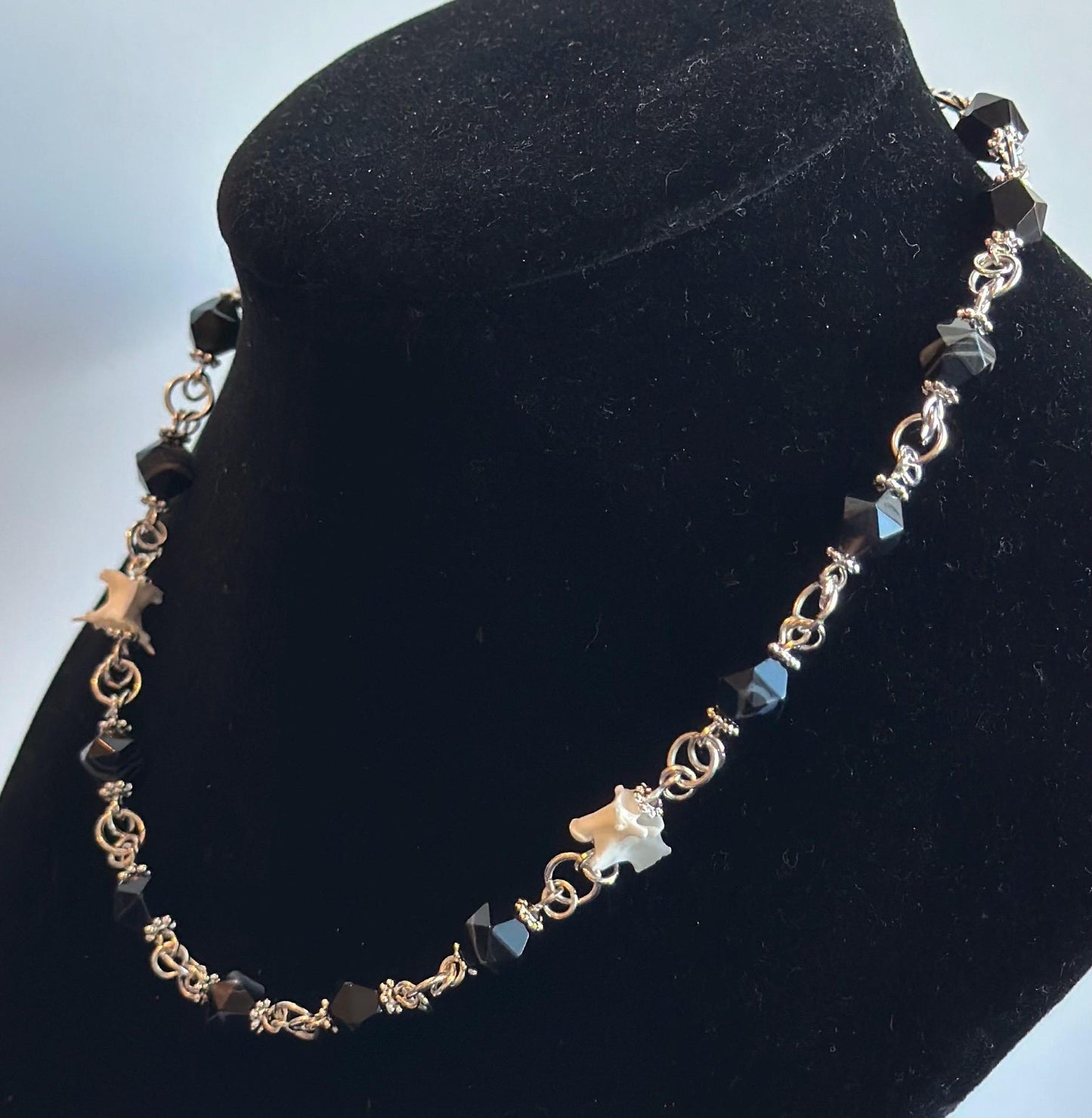 Banded Agate & Snake Vertebrae Necklace – Silver Chain Gothic Jewelry, Bone and Gemstone Statement Necklace