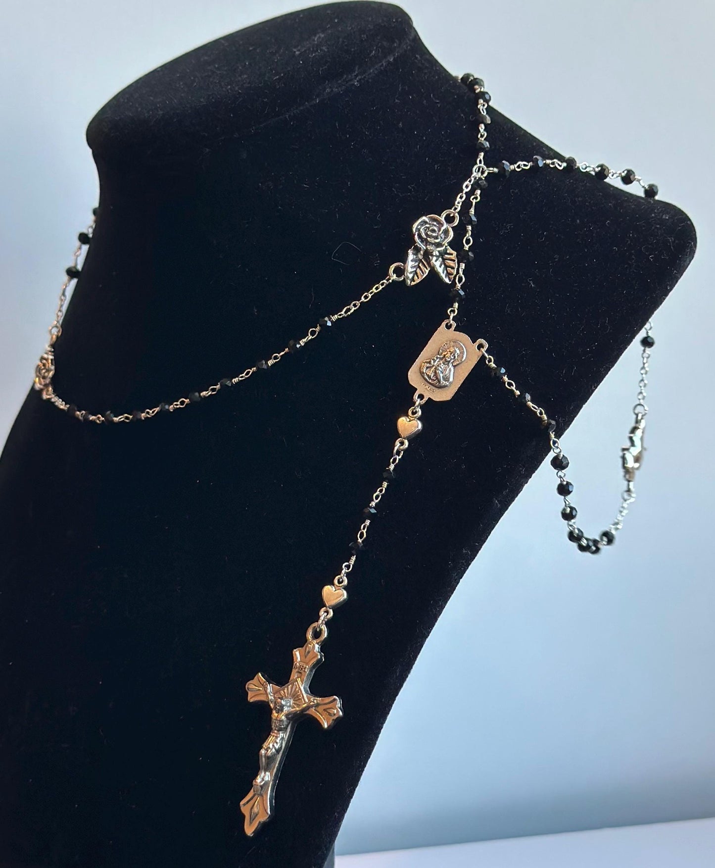 Belladonna | Gothic Rosary, Black Glass, Silver Roses and Heart, Vintage Crucifix, & Vintage Mary