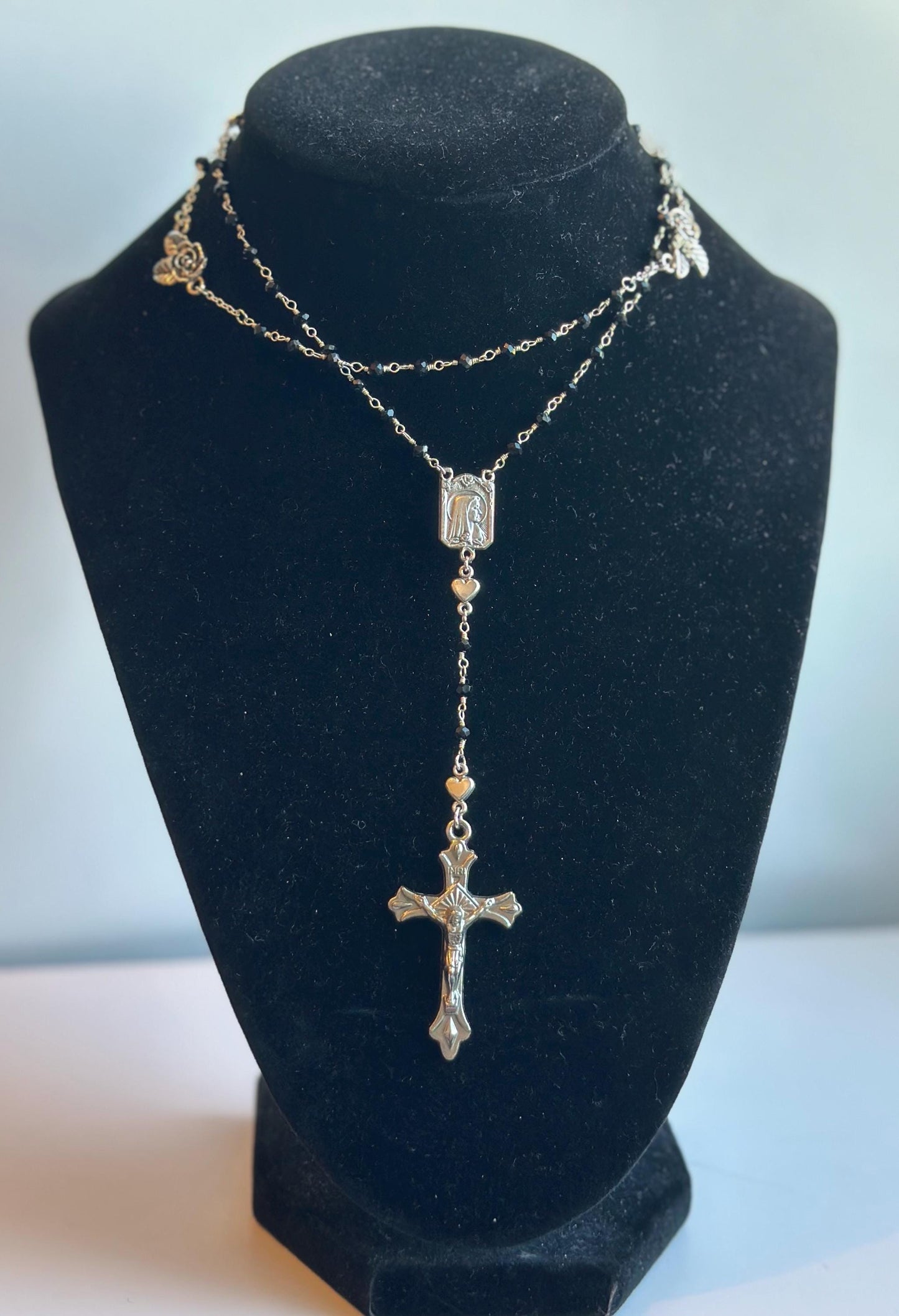 Belladonna | Gothic Rosary, Black Glass, Silver Roses and Heart, Vintage Crucifix, & Vintage Mary