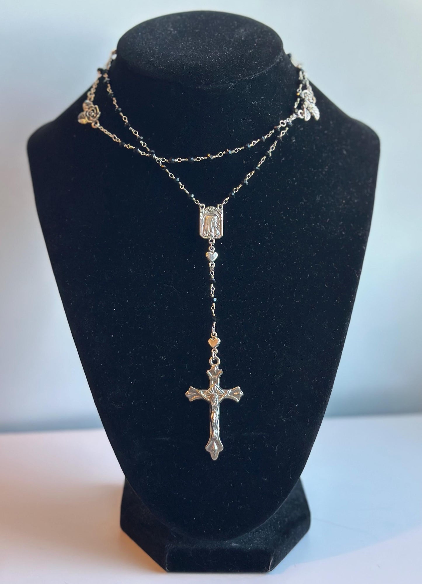 Belladonna | Gothic Rosary, Black Glass, Silver Roses and Heart, Vintage Crucifix, & Vintage Mary