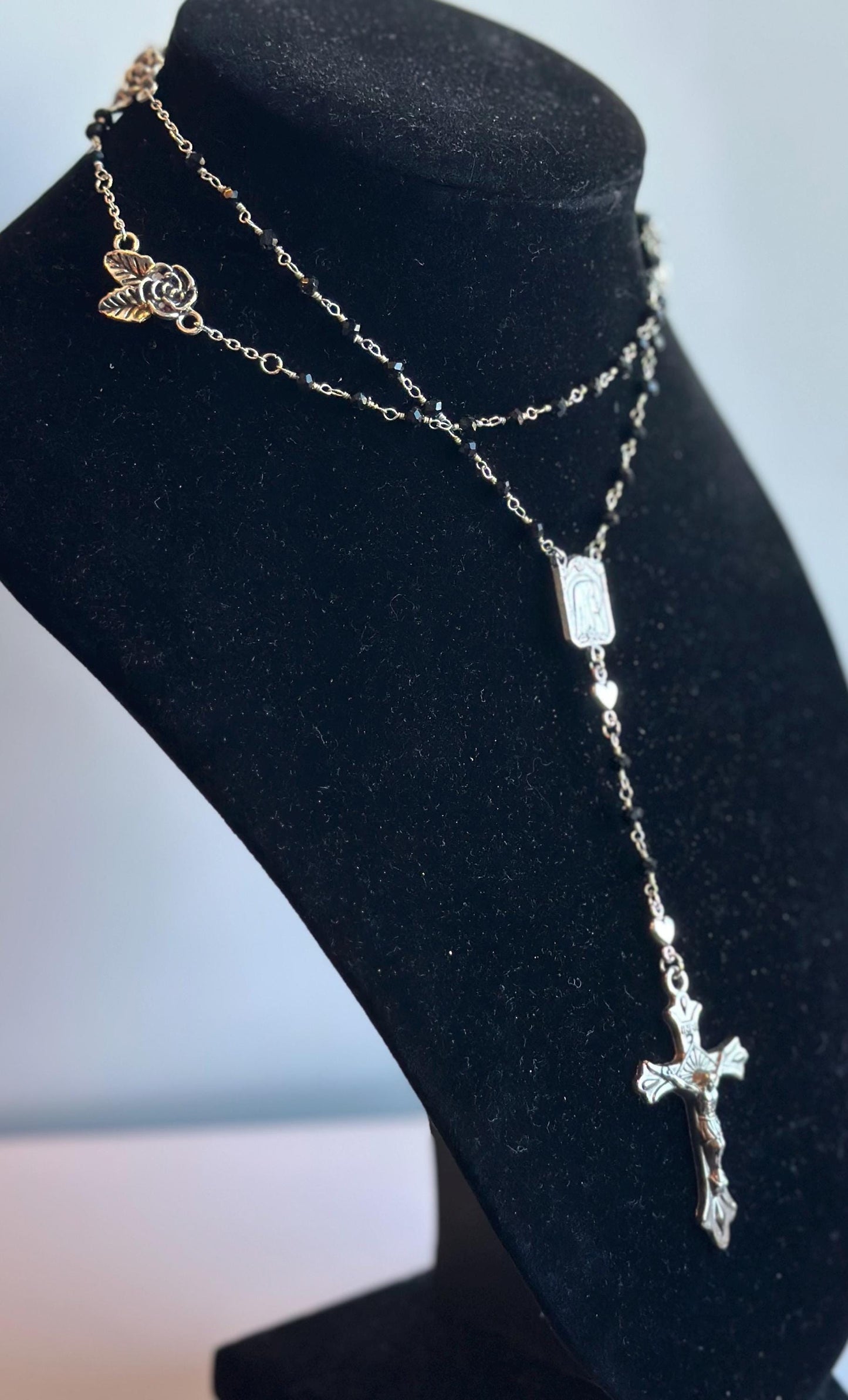 Belladonna | Gothic Rosary, Black Glass, Silver Roses and Heart, Vintage Crucifix, & Vintage Mary