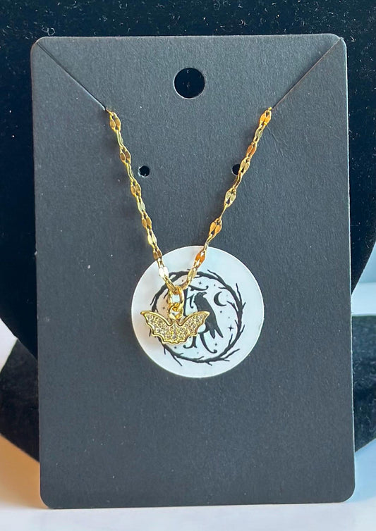 Bat Pendant Necklace 14k Gold Over Stainless Steel with CZ Stones – Gothic Minimalist Jewelry