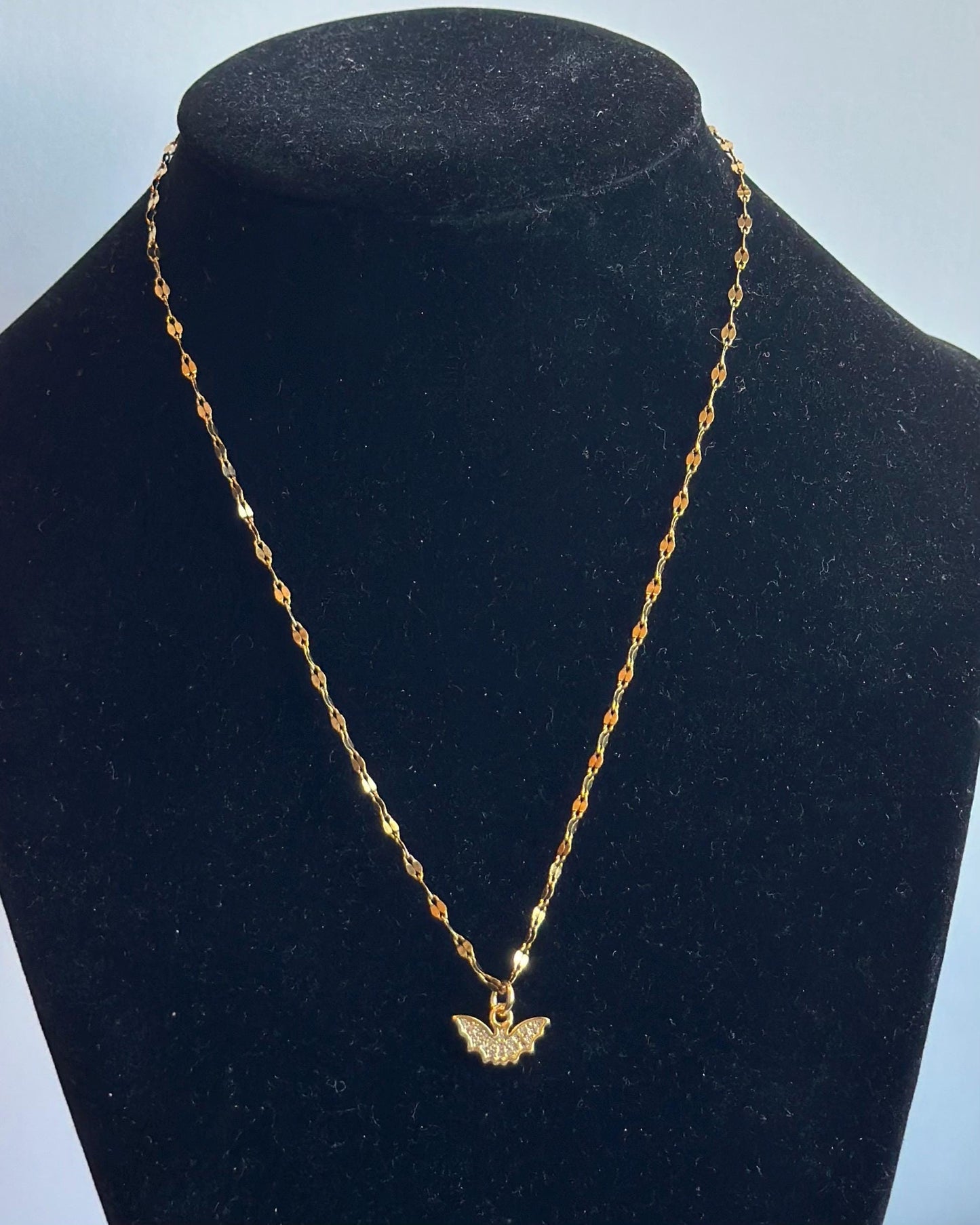 Bat Pendant Necklace 14k Gold Over Stainless Steel with CZ Stones – Gothic Minimalist Jewelry