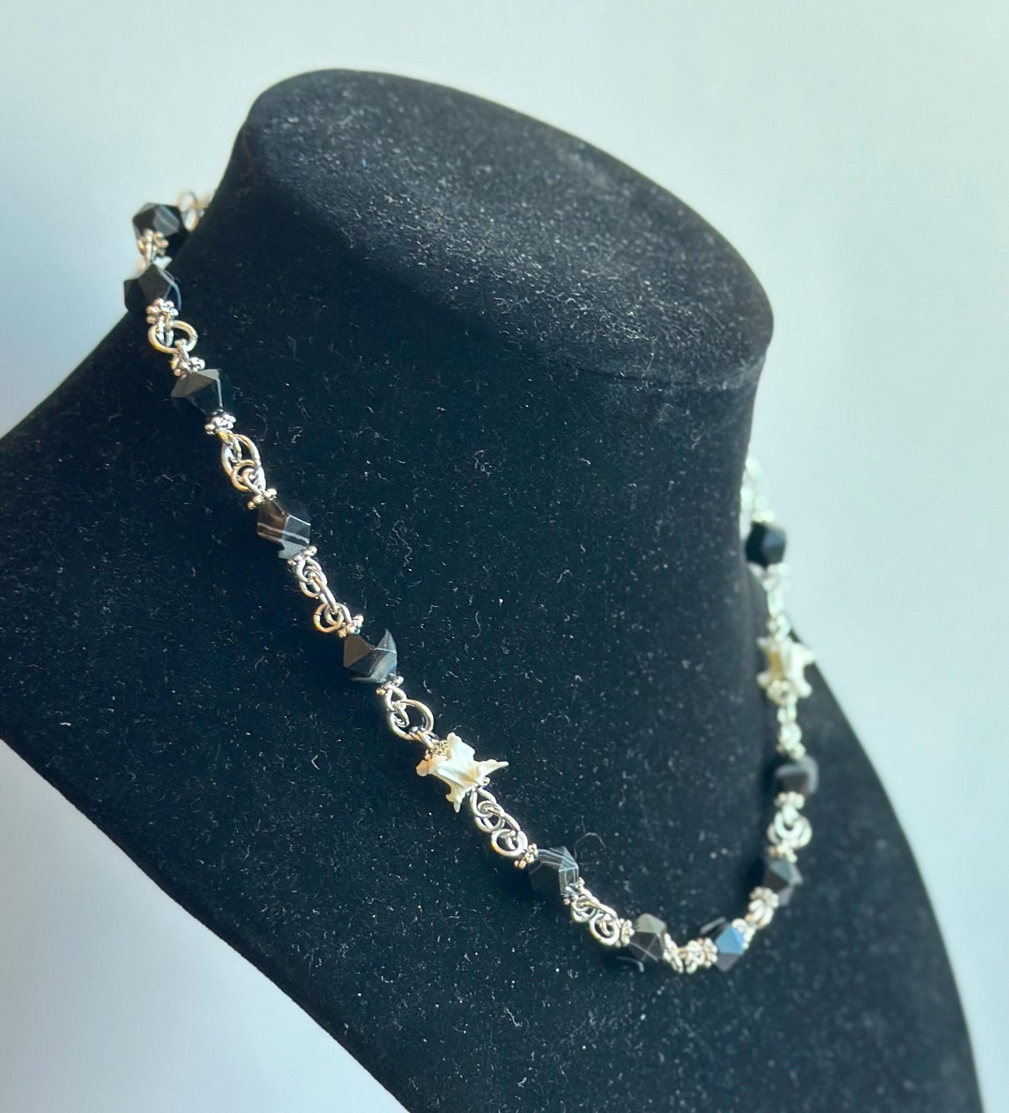 Banded Agate & Snake Vertebrae Necklace – Silver Chain Gothic Jewelry, Bone and Gemstone Statement Necklace