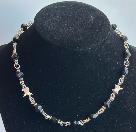 Banded Agate & Snake Vertebrae Necklace – Silver Chain Gothic Jewelry, Bone and Gemstone Statement Necklace