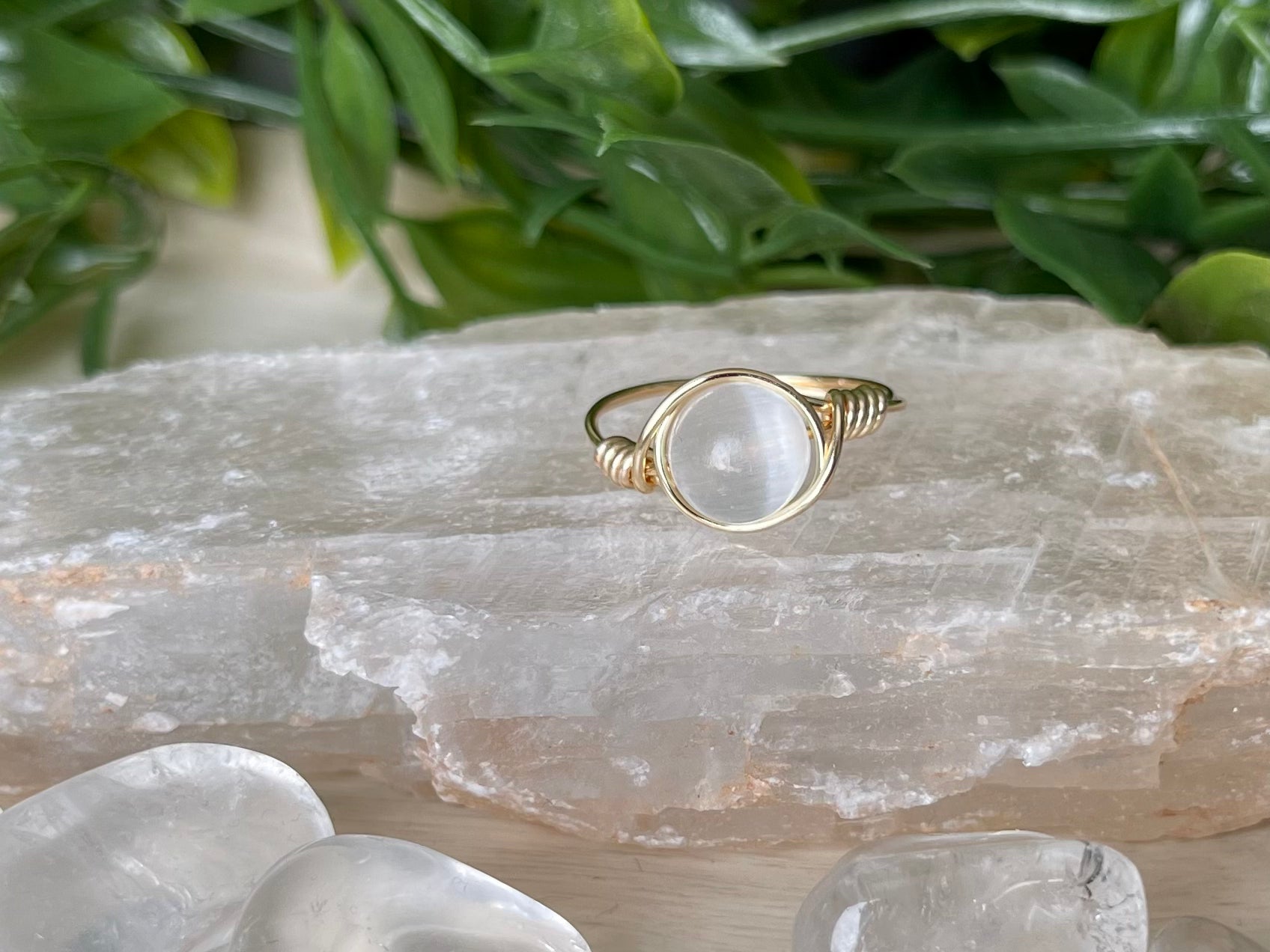 Selenite Large Stone Ring Gold 14