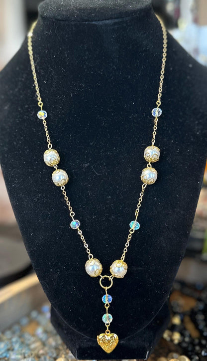 Forever in Paris | Vintage Glass Pearl & Aurora Swarovski Crystal Heart Locket Necklace