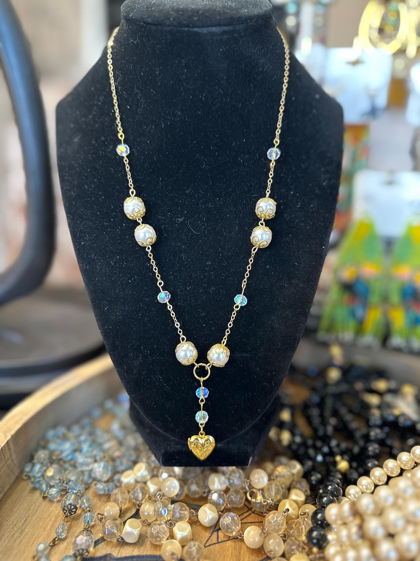 Forever in Paris | Vintage Glass Pearl & Aurora Swarovski Crystal Heart Locket Necklace