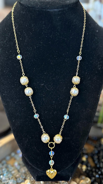 Forever in Paris | Vintage Glass Pearl & Aurora Swarovski Crystal Heart Locket Necklace