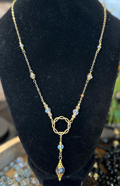 Elven Elegance | Antique Center Piece, Peach Preciosa, & Vintage Mauve and Aurora Swarovski Crystal Necklace