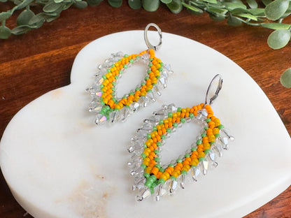 Senegal Parrot Czech Glass, Vintage Aurora Swarovski Crystal, & Herkimer Diamond Hand Beaded Earrings