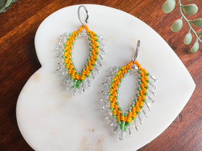 Senegal Parrot Czech Glass, Vintage Aurora Swarovski Crystal, & Herkimer Diamond Hand Beaded Earrings