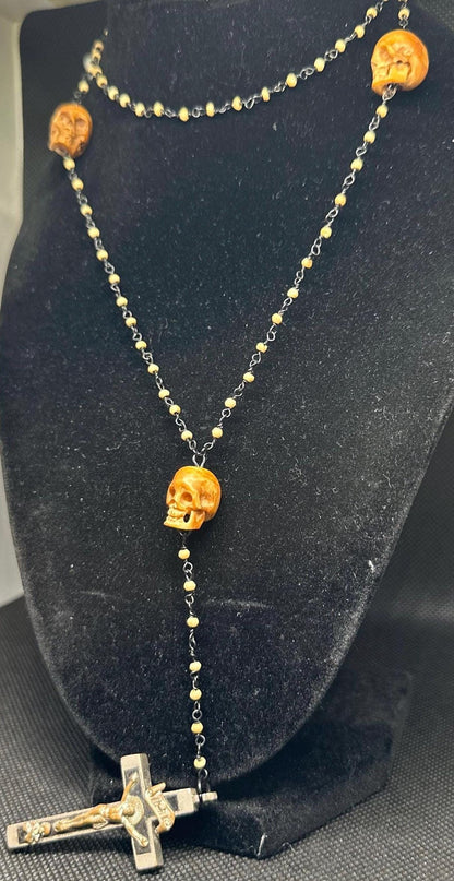 Dreadnought | Memento Mori Rosary Bone Beads, Carved Bone Skull, & Antique Funeral Crucifix
