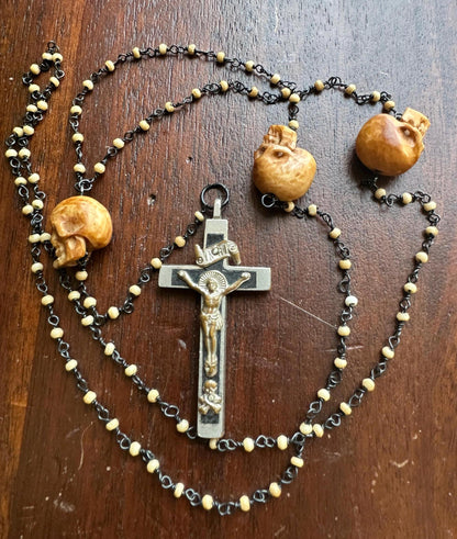 Dreadnought | Memento Mori Rosary Bone Beads, Carved Bone Skull, & Antique Funeral Crucifix