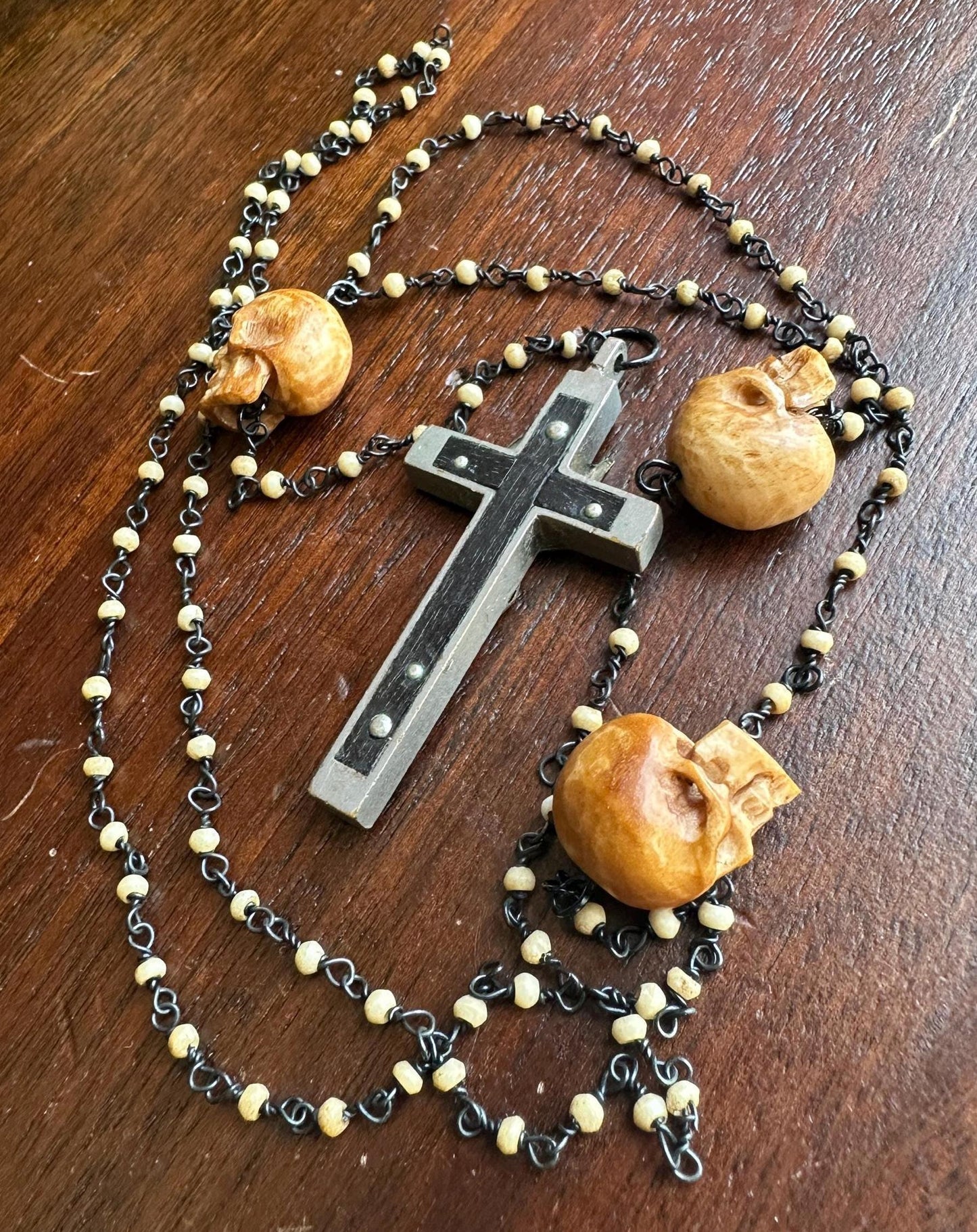 Dreadnought | Memento Mori Rosary Bone Beads, Carved Bone Skull, & Antique Funeral Crucifix