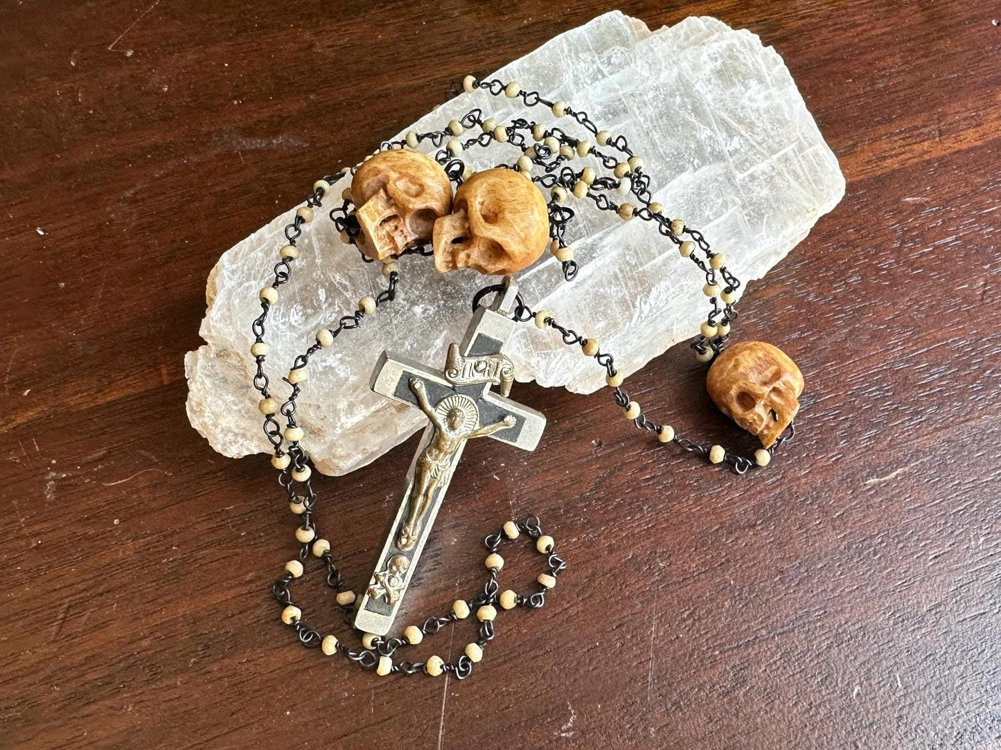 Dreadnought | Memento Mori Rosary Bone Beads, Carved Bone Skull, & Antique Funeral Crucifix