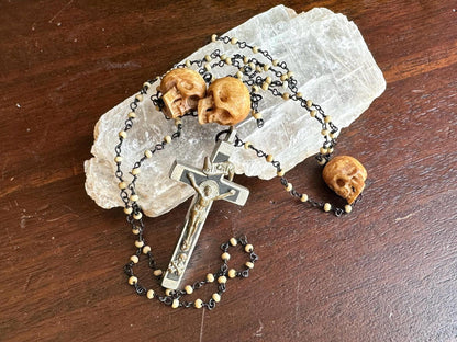 Dreadnought | Memento Mori Rosary Bone Beads, Carved Bone Skull, & Antique Funeral Crucifix