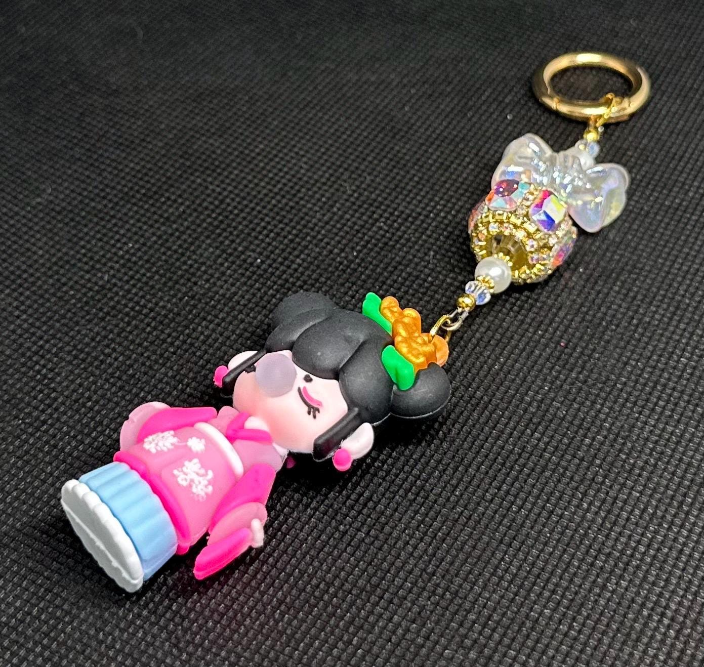 Nanci Doll Keychain: Pink Beads, Swarovski Crystals, Kawaii Charm