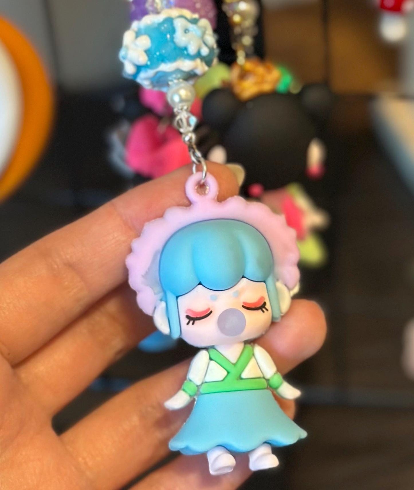 Nanci Doll Keychain: Blue Beaded Bag Charm with Swarovski Crystals