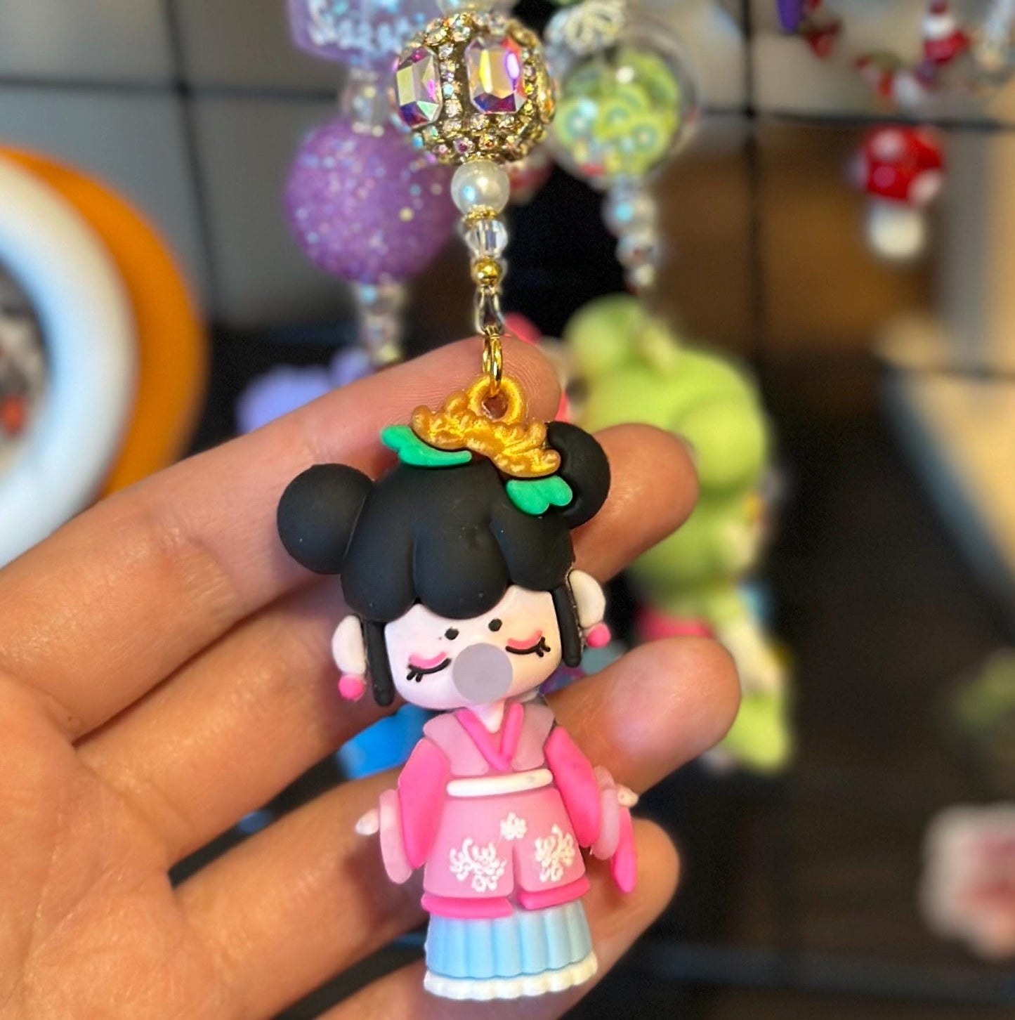 Nanci Doll Keychain: Pink Beads, Swarovski Crystals, Kawaii Charm