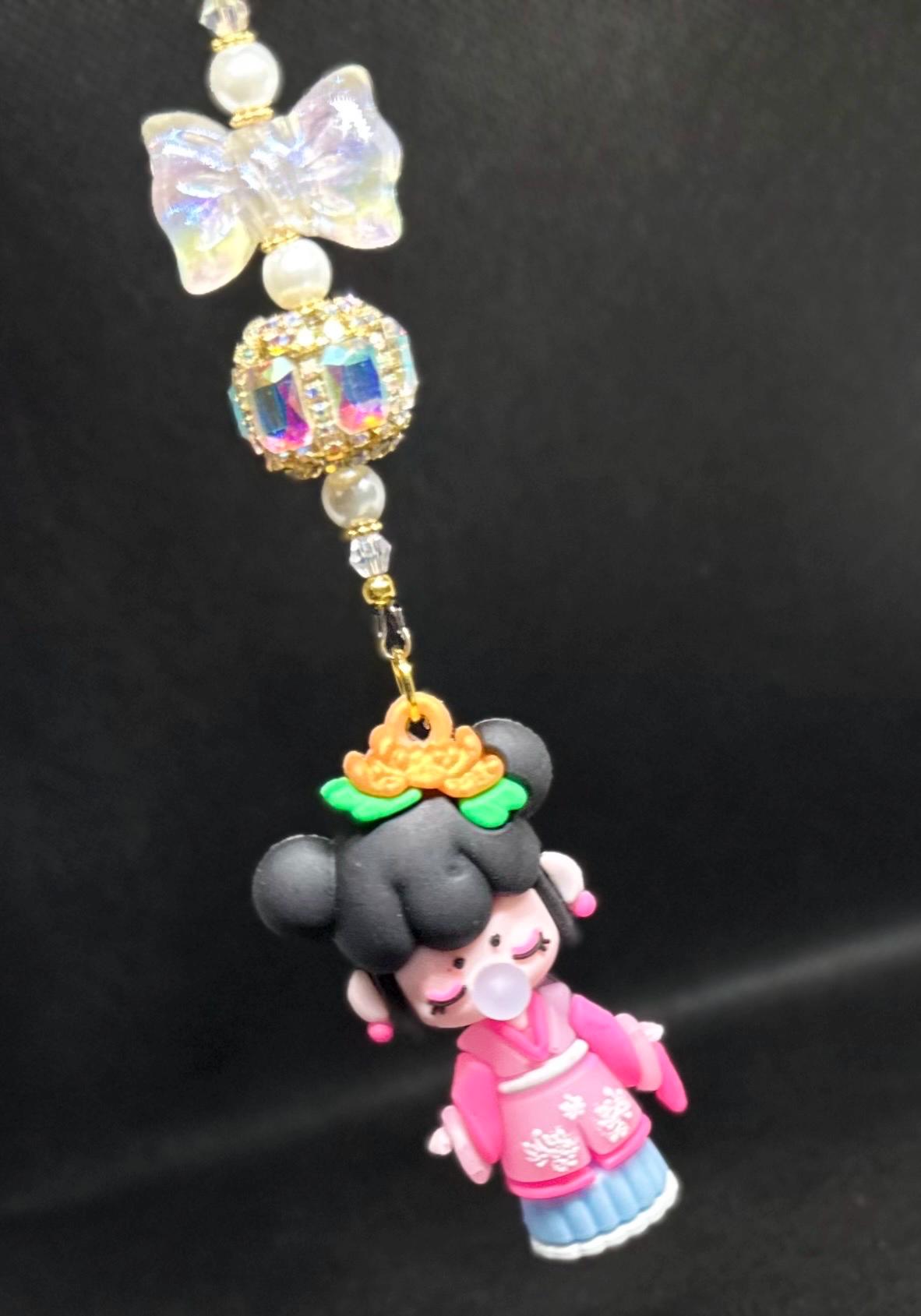 Nanci Doll Keychain: Pink Beads, Swarovski Crystals, Kawaii Charm