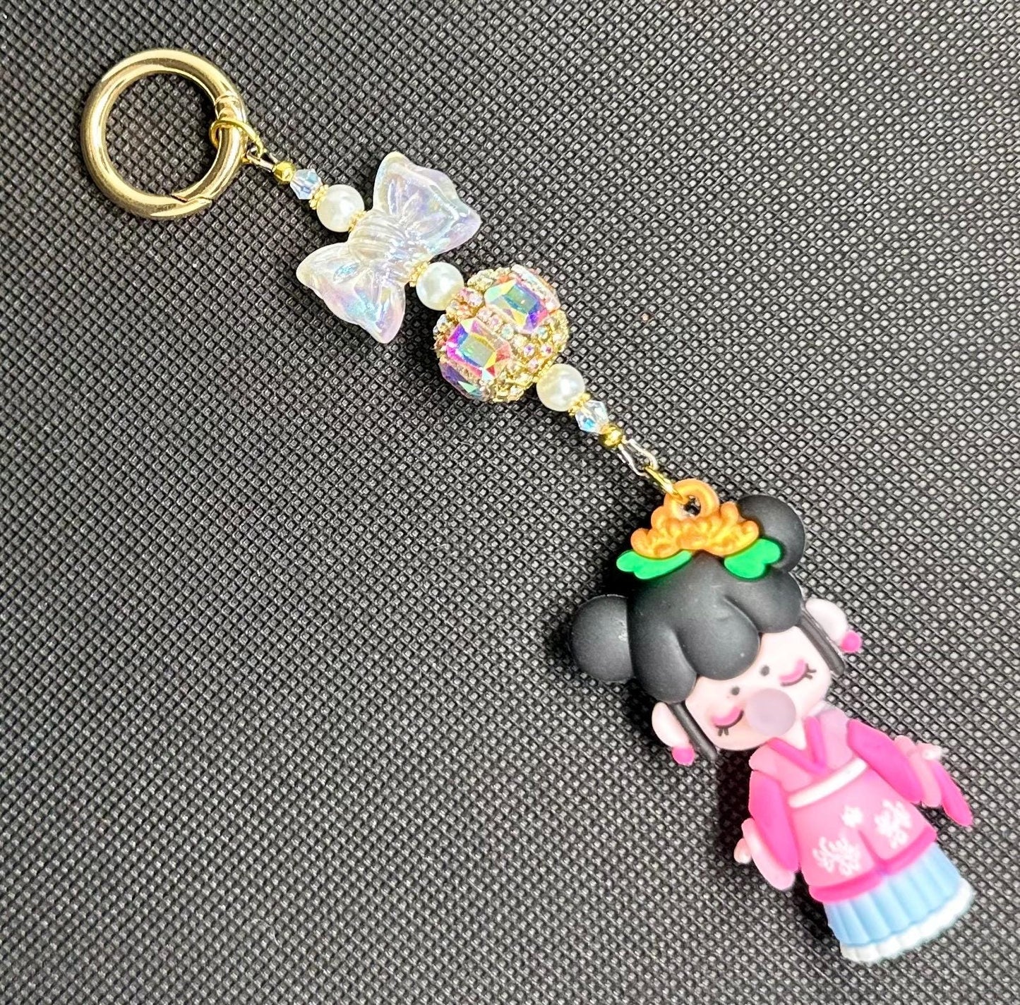 Nanci Doll Keychain: Pink Beads, Swarovski Crystals, Kawaii Charm