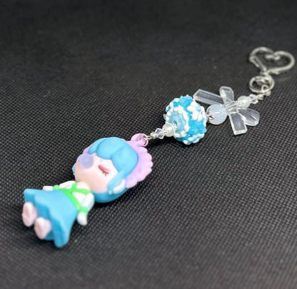 Nanci Doll Keychain: Blue Beaded Bag Charm with Swarovski Crystals