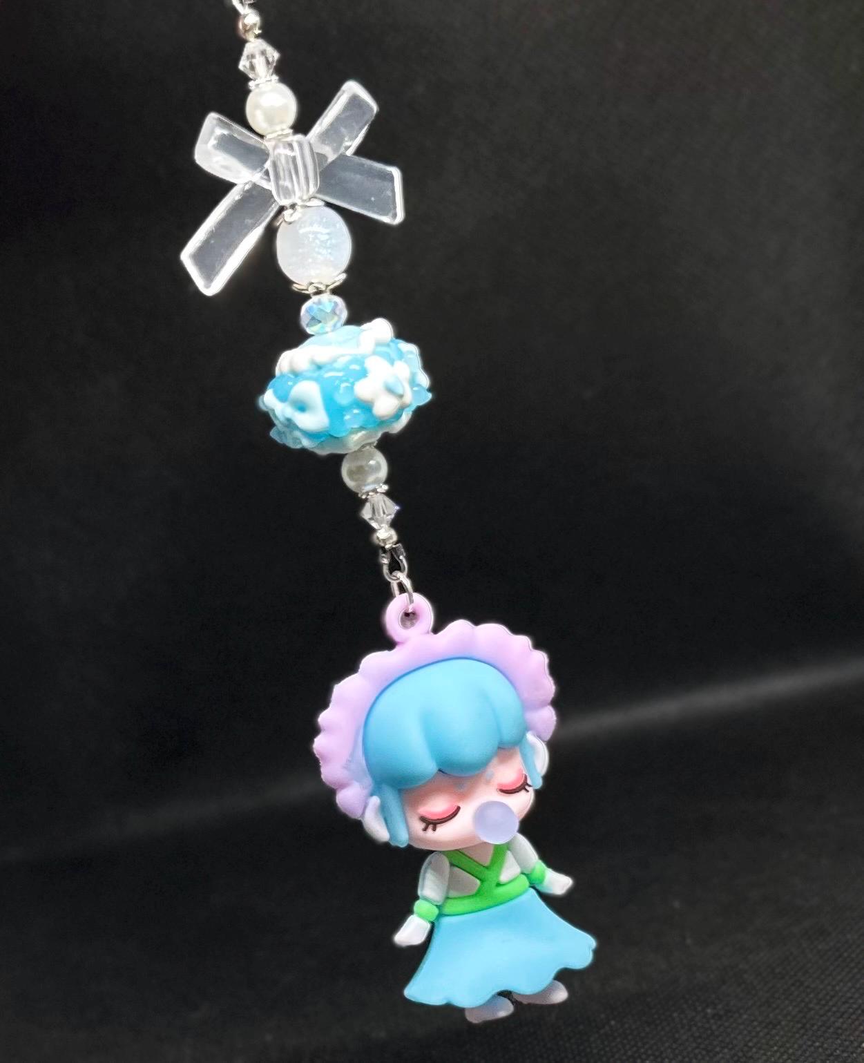 Nanci Doll Keychain: Blue Beaded Bag Charm with Swarovski Crystals