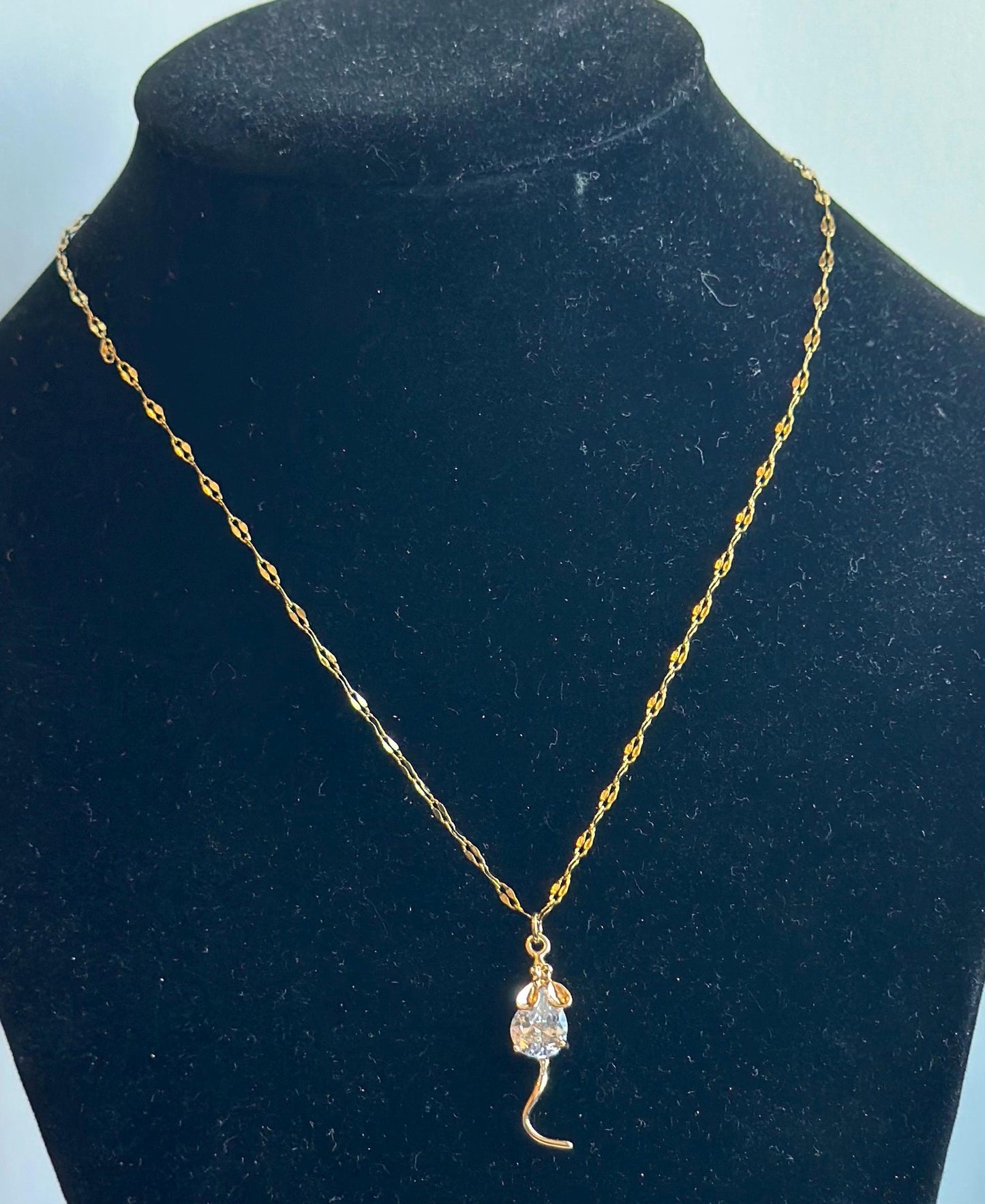 Mouse Pendant Necklace 14k Gold Over Stainless Steel with CZ Stone – Halloween Minimalist Jewelry