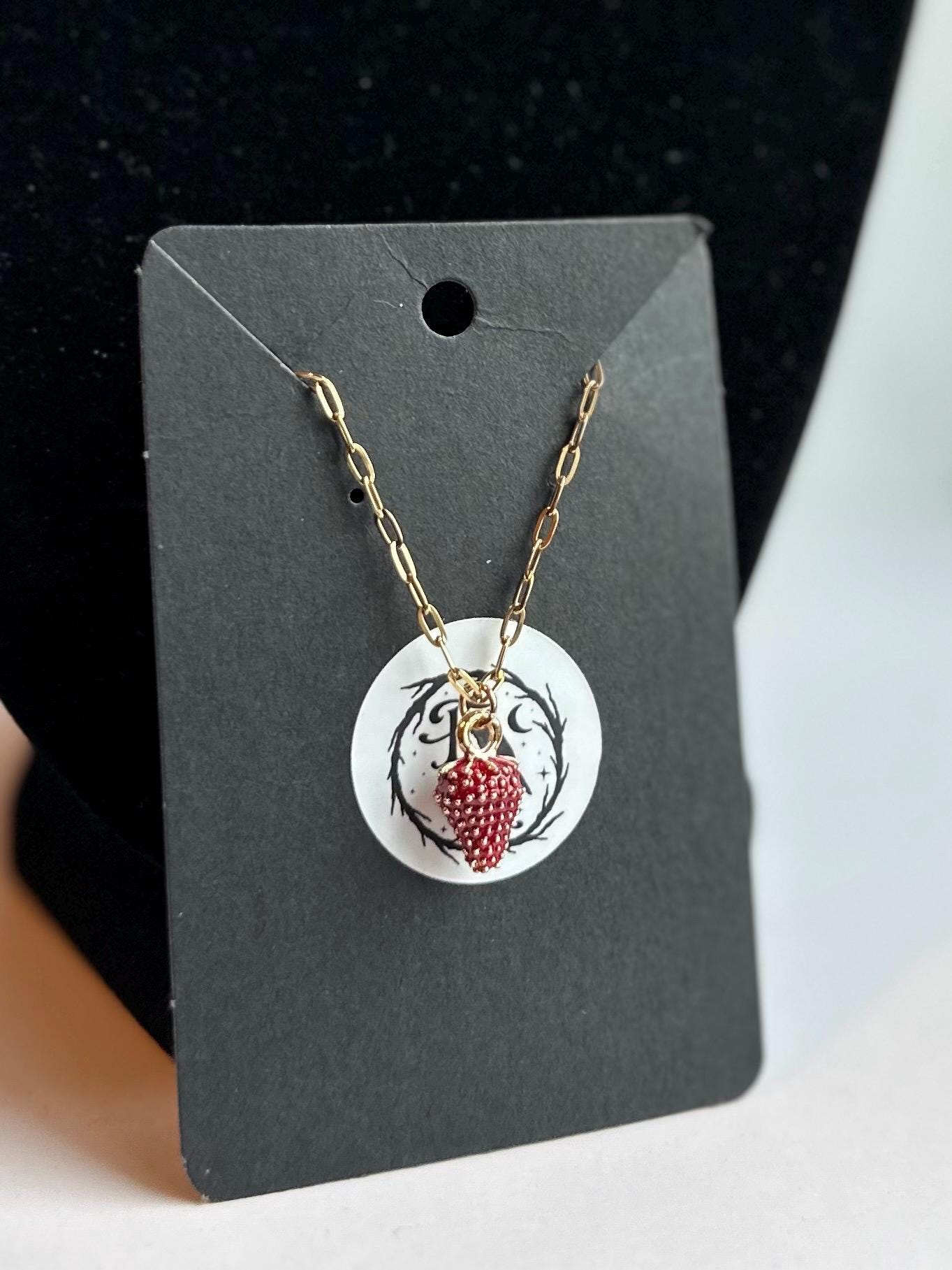 Gold Strawberry Pendant Necklace: Red Bead Charm, Stainless Steel Chain