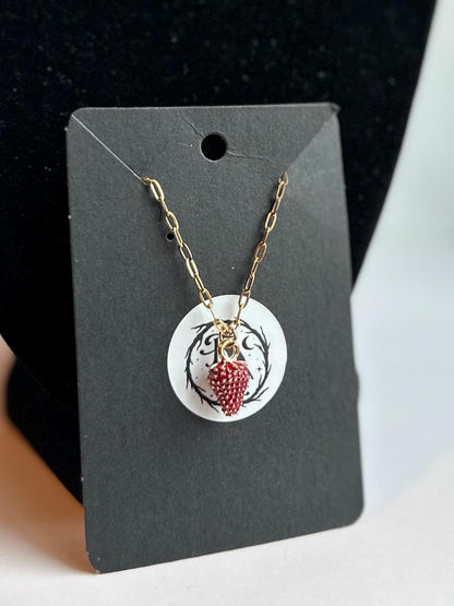 Gold Strawberry Pendant Necklace: Red Bead Charm, Stainless Steel Chain