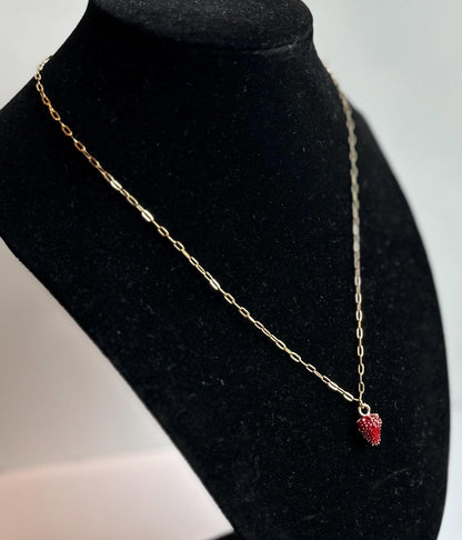 Gold Strawberry Pendant Necklace: Red Bead Charm, Stainless Steel Chain