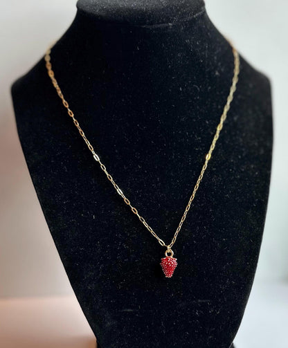 Gold Strawberry Pendant Necklace: Red Bead Charm, Stainless Steel Chain