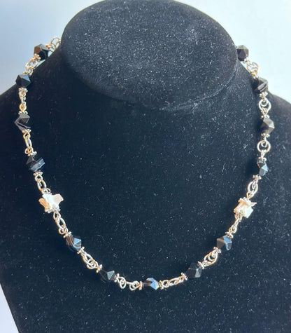 Banded Agate & Snake Vertebrae Necklace – Silver Chain Gothic Jewelry, Bone and Gemstone Statement Necklace