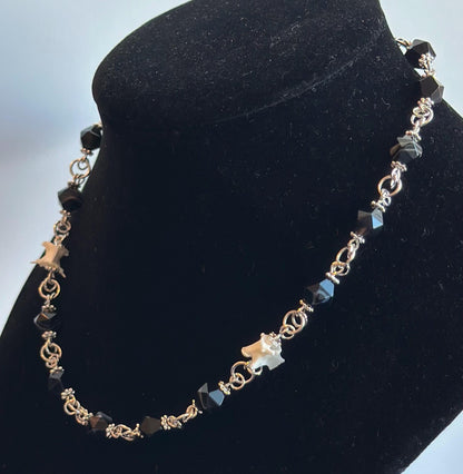 Banded Agate & Snake Vertebrae Necklace – Silver Chain Gothic Jewelry, Bone and Gemstone Statement Necklace