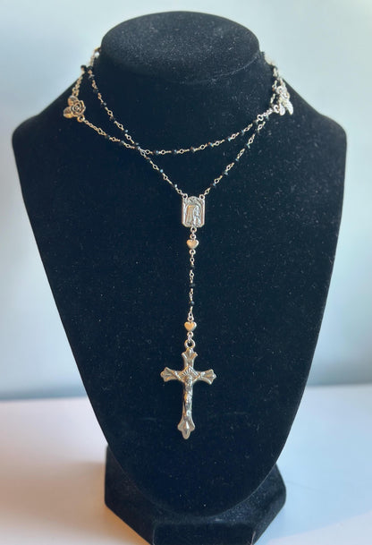 Belladonna | Gothic Rosary, Black Glass, Silver Roses and Heart, Vintage Crucifix, & Vintage Mary