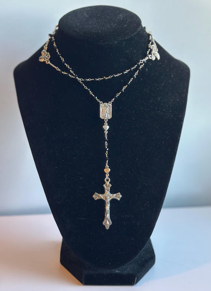Belladonna | Gothic Rosary, Black Glass, Silver Roses and Heart, Vintage Crucifix, & Vintage Mary