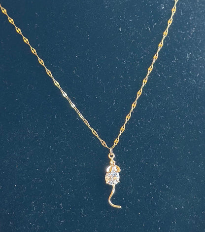 Mouse Pendant Necklace 14k Gold Over Stainless Steel with CZ Stone – Halloween Minimalist Jewelry
