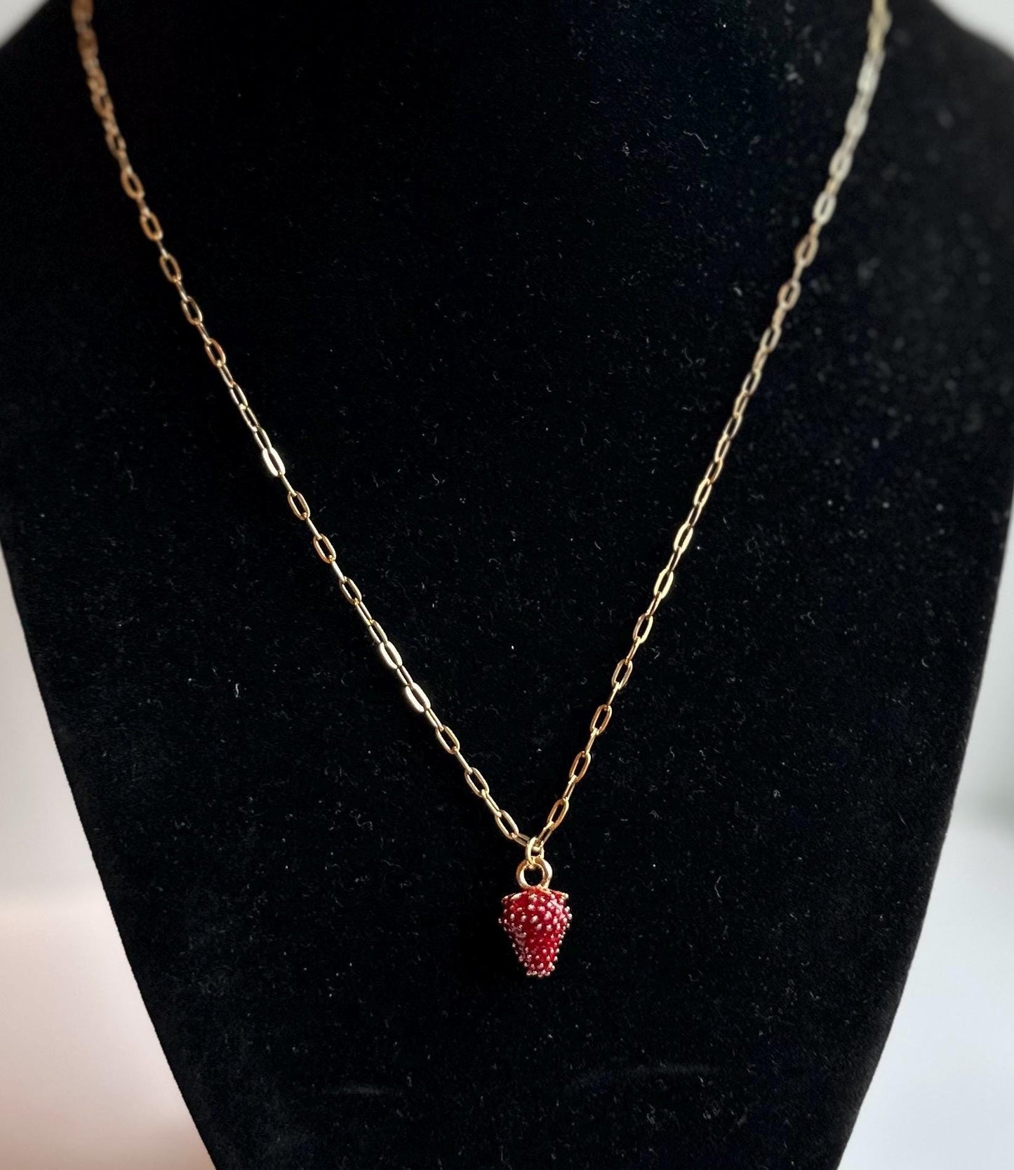Gold Strawberry Pendant Necklace: Red Bead Charm, Stainless Steel Chain